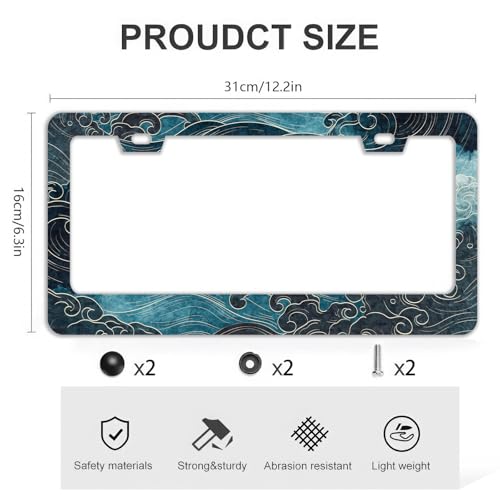 Japanese Ocean Wave License Plate Frame - 2 Holes Stainless Steel Metal Auto Car Accessories Decoration License Plate Frame Size 6.3" x 12.2" Fit US Vehicles for Women Men Gift by TQFTPT - Used condition - Image 4