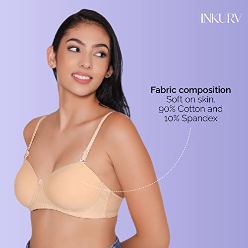 Image of INKURV Cotton Rich Padded T-Shirt Bra for Women, Seamless, Non-Wired with Detachable Straps, Sweet Heart Neckline, Everyday Bra 3 /4th Coverage with no spillage- ROMI Combo of 2