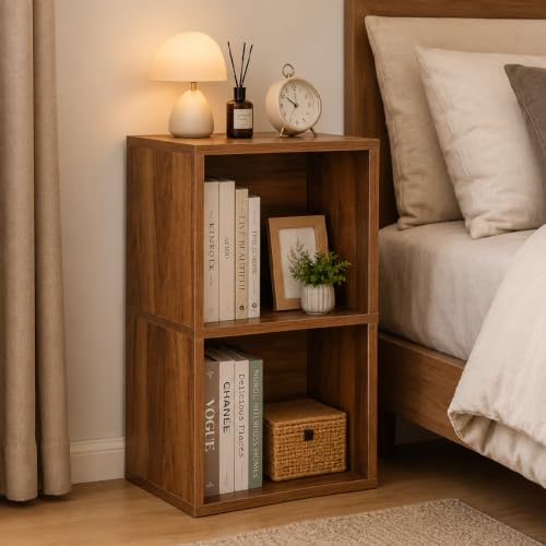 Image of 2 Cube Storage Organizer Wooden Bookshelf, 2 Cube Shelf Bookcase, Small Bookshelf Storage Organizer, 2 Cube Storage Shelf for Bedroom, Small Bookshelf for Living Room and Office (Brown)