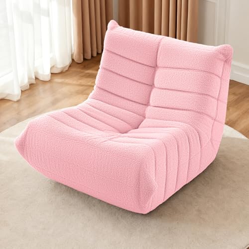 Image of Bean Bag Chairs Fireside Lazy Floor Sofa,Single,Pink | Soft Teddy Fleece Bean Bag Sofa with High-Resilience Foam Filling,Beanbag for Living Room, Bedroom, Office