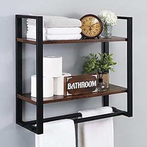 KES Bathroom Shelf with Bar Wall Mounted, 2-Tier Industrial Wooded Rustic Wall Shelf Over Toilet Rack with Double Adjustable Bar Floating Shelves 23.6-inch Metal Black, BTR500S60-BK