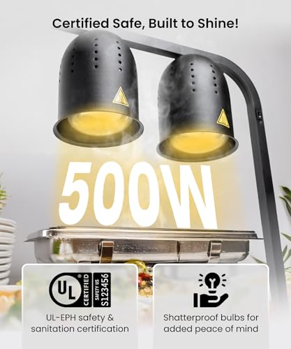 Image of SYBO DL2112 Commercial Grade Food Heat Lamp, Portable Electric Food Warmer, 2-Bulb 500W with Free-Standing, Black