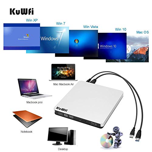 Kuwfi External Blu Ray Drive Usb 3.0 Player External Cd/Dvd Burner/Writer Blu-Ray Portable Drive Optical Drive Support 3D For Mac Pc Laptop Notebook #TOP1