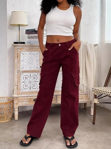 Flamingals Women Solid Flap Pocket Mid Rise Straight Leg Cargo Pants Vintage Stretch Cotton All Season Long Pants3
