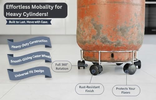 Image of Rincy Heavy-Duty 6 Wheel Stainless Steel LPG Gas Cylinder Trolley - Durable Gas Stand for Kitchen Utility-Steel Cylinder Trolley with Wheels Heavy Duty-Kitchen Gas Trolly-6 Wheels Gas Trolly