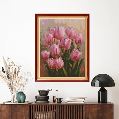 Image of MYBISYMQQ Pink Tulips Cross Stitch Kits for Adults Beginners - 11CT Stamped Vintage Floral Embroidery Kit, DIY Pre-Printed Needlepoint Patterns for Home Wall Art Decor, 15.7x11.8 Inches