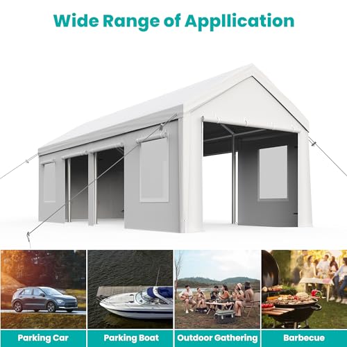 13x25ft Carport, Heavy Duty Carport with Reinforced Steel Poles, Upgraded Portable Garage with Doors & Window, UV Resistant All-Season Waterproof Tarp, for Car, Truck, Boat(White)