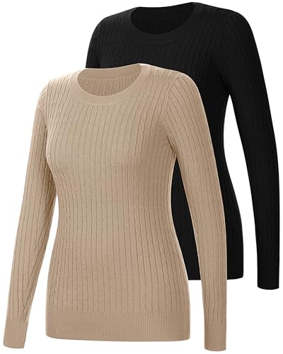 Riyiper 2 Pack Women's Long Sleeve Sweaters Lightweight Cable Knit Sweater Crew Neck Loose Casual Basics Sweater2