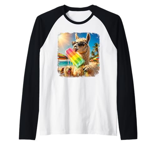 Funny Llama Eating Popsicle Summer Beach Animal Sunglasses Raglan Baseball Tee