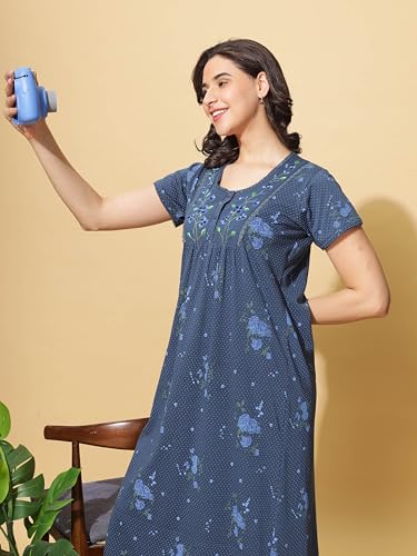 Image of 9shines Label Stylish Cotton Blend Embroidered Maxi Nightdress for Women with Pocket| Full Length Nightwear| Premium Nightdress| Comfortable Nightwear(5256)