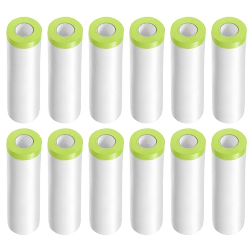 Image of HARFINGTON 12 Rolls Pre-Taped Masking Film 43.3 inch x65.6ft Tape and Drape Painters Plastic Drop Cloth Film with Tape Plastic Sheeting for Automotive Painting Covering, Green