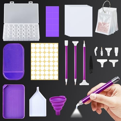Diamond Art Accessories,DIY Diamond Paintings Accessories and Tools Kit with Diamond Paintings Pen with Light,Storage Box,Wax,Trays,Mat,Release Paper for Adult Beginner (Purple)