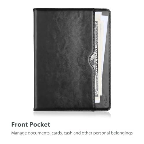 ProCase iPad Mini A17 Pro 第7世代 (2024発売) Mini6 第6世代 (2021発売) 専用 ケース ペンホルダー付き PUカバー スタンド機能 ビンテージデザイン 書類やカード用ポケット付き - ブラック