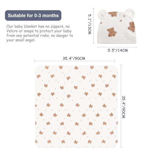 Image of DRESHOW BQUBO Cotton Baby Swaddle Hat Set Newborn Infant Receiving Blankets with Bear Ears Hat Wooden Birth Announcement Card Newborn Unisex Swaddle Wrap Sets Warm Shower Gift