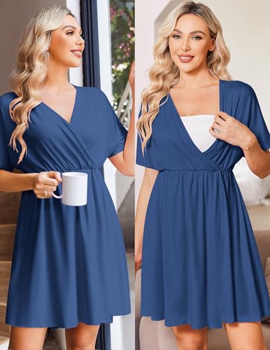 Image of Ekouaer 3 in 1 Labor and Delivery Gown for Hospital Short Sleeve Maternity Nursing Dress Nightgown Postpartum Sleepwear