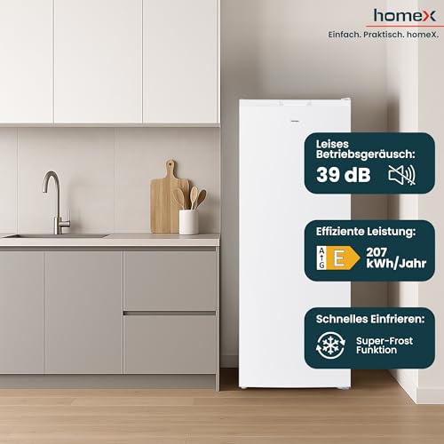 homeX Gefrierschrank NoFrost, Tiefkühlschrank groß - 161L Nutzinhalt, 4-Sterne Gefrieren, Freezer No Frost, Gefrierschränke freistehend, Super-Frost-Funktion, leise 39 dB, weiß, FSN1611E-W