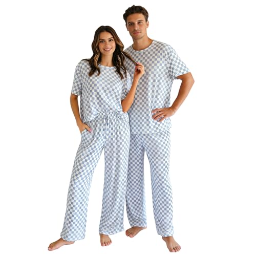 Feionusin Matching Pajamas for Couples Cotton Blend Short Sleeve Pjs Set Lightweight Summer Sleepwear Loungewear Sets (Blue, X-Large, for Men)