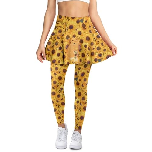 Entornuest Yellow Sunflower Womens Golf Yoga Pants with Skirt High Waist Comfortable Breathable Leggings with Pockets for Tennis and Running Apparel Workouts-S