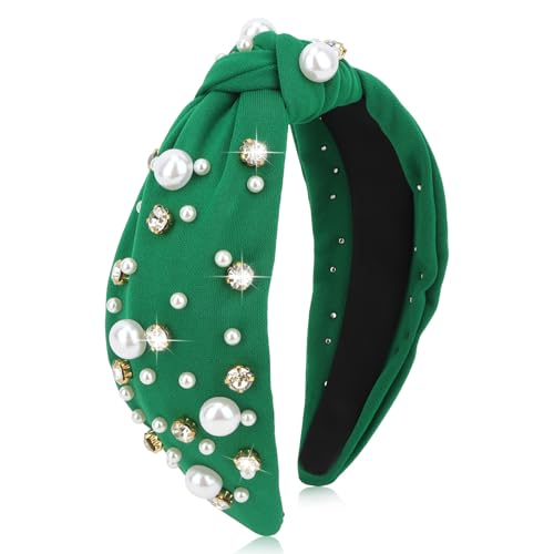 Uintoon Green Knotted Headband for Women, Pearl Rhinestone Head Bands