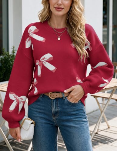 Image of Libsorge Womens Oversized Cute Bows Crewneck Pullover Sweater