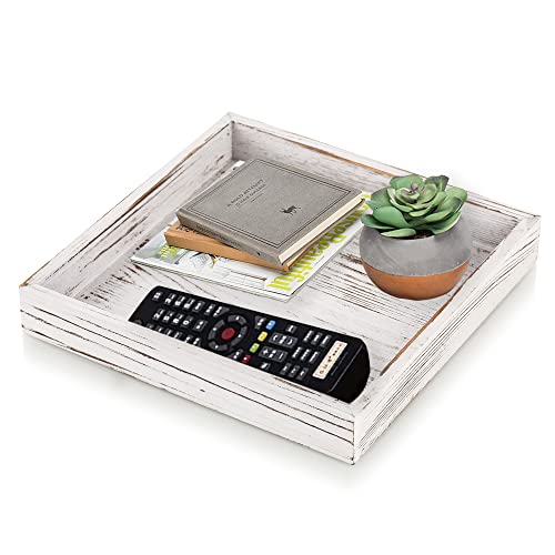 Hanobe Plateau carré en bois ottoman : petit plateau carré de 24.9 cm en bois torché, plateau de service pour table basse, plateau rustique blanc délavé, clés, lunettes Cover