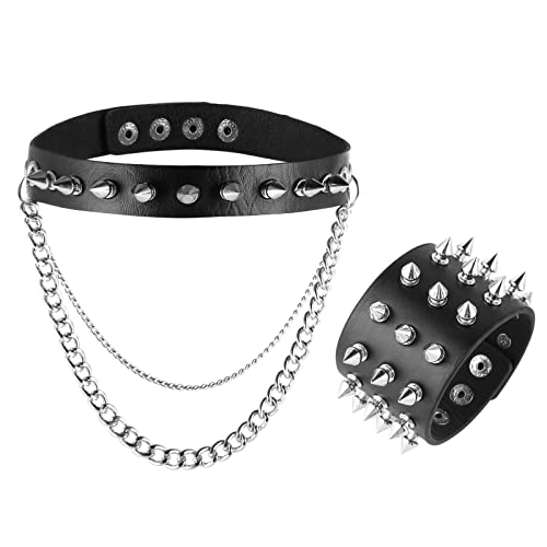 Hzman Women Men Cool Punk Goth Metal Spike Studded Link Leather Collar Choker Metal 5Cm Wide Spike Studded Bracelet Set #TOP29