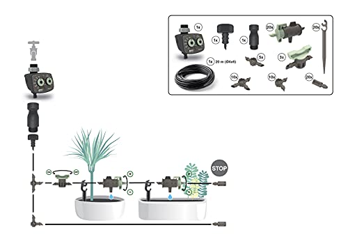 Irrigation goutte à goutte 20 m avec programmateur pour potager écoresponsable