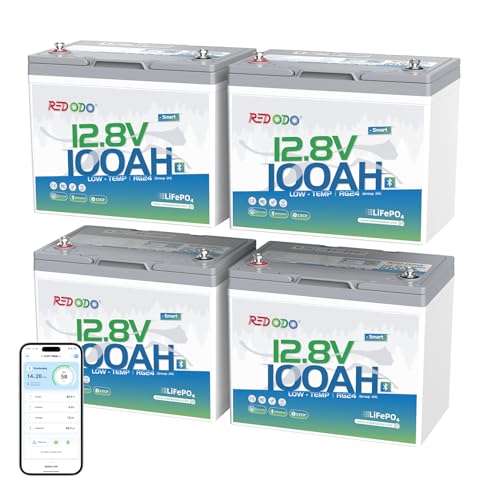 Image of Redodo 12V 100Ah Group 24 LiFePO4 Lithium Battery Bluetooth for RVs -4 Pack