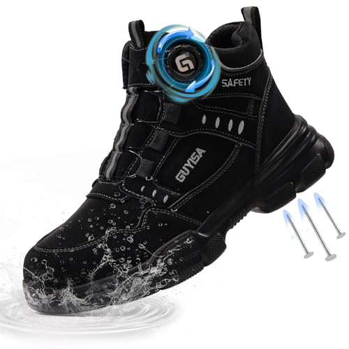 GUSAYEX Waterproof Safety Boots Men Women Lightweight Work Boots Comfortable Safety Trainers Steel Toe Cap Boot Puncture Proof Work Shoes with Swivel Buckle Shoelaces Black