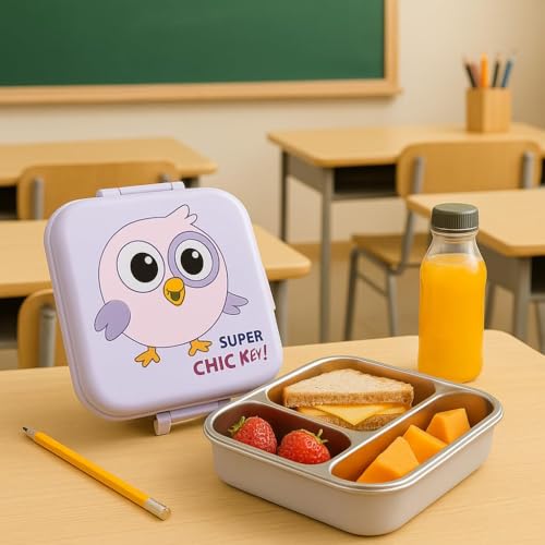 Image of Darkpyro Super Bite Buddy Cartoon Kids Lunch Box with Compartments - Air Vent, Spoon, Sauce Container & Stainless Steel Tray - Purple Chick Design(1100ml+50ml)