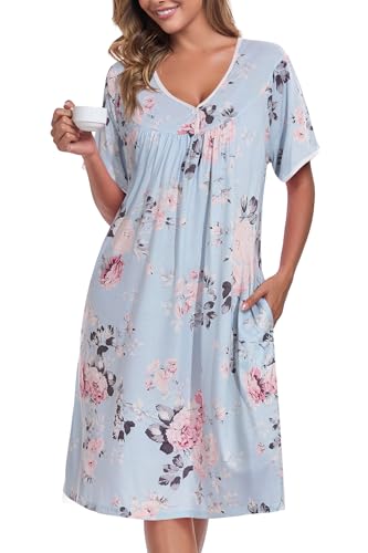 Image of AVIIER Nightgows for Women Soft Cotton Night Shirts Short Sleeve Sleepwear with Pockets