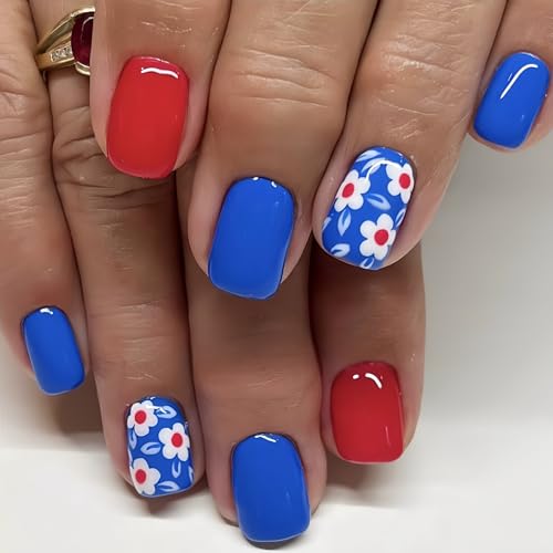 Flowers Red Press on Nails Short Square Fake Nails Blue False Nai...