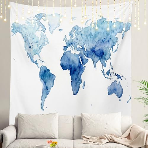 Shrahala World Map Tapestry, World History Classroom Decorations Light Blue Tapestry Map Wall Hanging Tapestry Decoration Polyester Fiber White Hem Around For Dorm Room Bedroom 78.7 X 90.6 In