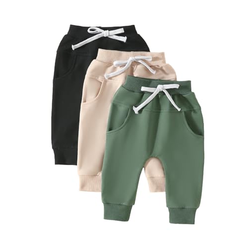 Unisex 3 Pack Pants Baby Boy Girl Drawstring Solid Color Sweatpants Casual Harem Joggers Fall Winter Bottoms Set (A-Green Apricot Black, 6-12 Months)