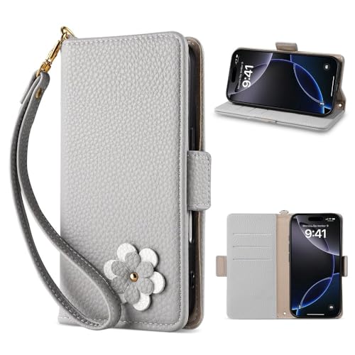 Étui pour iPhone 15 gris anti-choc avec étui portefeuille cuir à rabat fleur