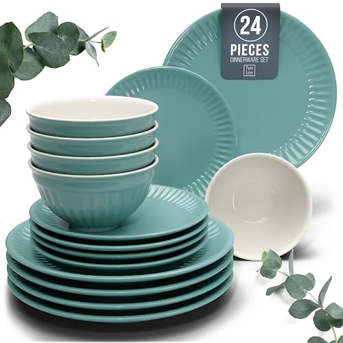 Image of Stoneware Dinnerware Set for 8 People HYGGE 24-Piece - Elegant Scandi Design - Premium Dish Set - Bowl and Plate Set - Tableware for 8 People in a Ribbed Design - Pure Living in Green