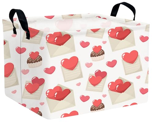 Image of Valentines Day Basket Large Foldable Heart Shaped Storage Box for Gifts Kids Empty Storage Bins Rectangular Toy Organizer Decor (Envelope Cake Love)