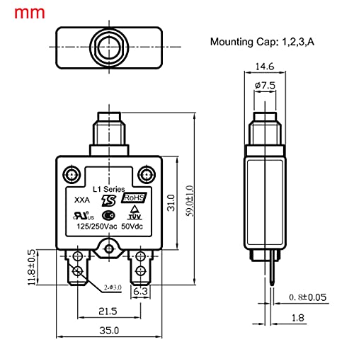 T Tocas Thermal Circuit Breaker 20 Amps, Thermal Overload Protector L1 Series 125-250V Ac 50V Dc Push Button Manual Reset Circuit Breakers 20A (3Pcs) #TOP5