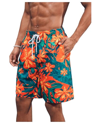 OYOANGLE Men's Swim Trunks Floral Print Drawstring Waist Summer Swimwear Beach Shorts Bathing Suit