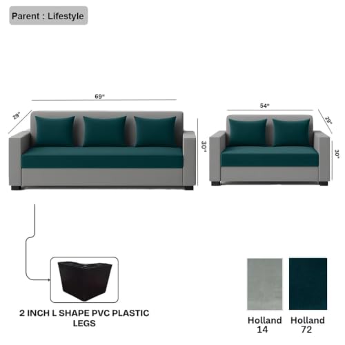 Image of FURNY Lexon 5 Seater Fabric 3+2 Sofa Set (Greenish Teal-Light Grey) Premium Velvet Finish | Durable & Comfortable | Ideal for Office & Living Room