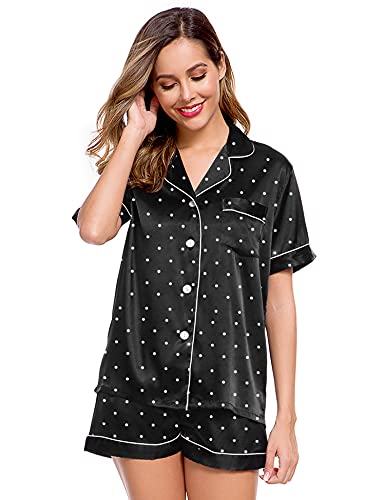 Image of LecGee Womens Silk Satin Pajamas Short Sleeve Loungewear Two-Piece Sleepwear Button-Down Pj Set