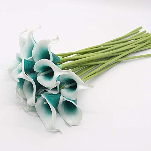 Mini 15" Artificial Calla Lily 10 Stem Bridal Bouquets Artificial Latex Real Touch Flowers For Home Party Decor (Teal Blue White) #TOP6