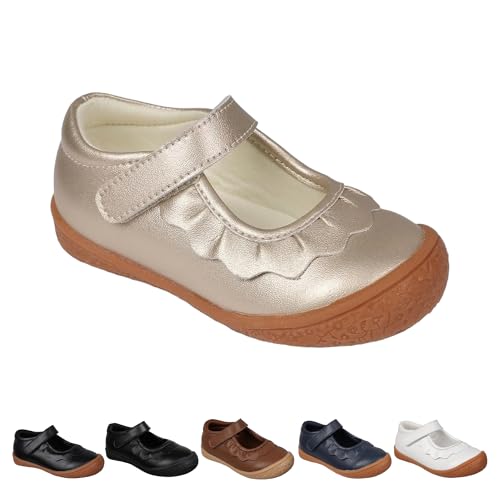 Oomphies Amina Leather Mary Jane Shoes for Girls – Ruffled Dress Shoes with Hook & Loop Closure, Soft Cushion Footbed