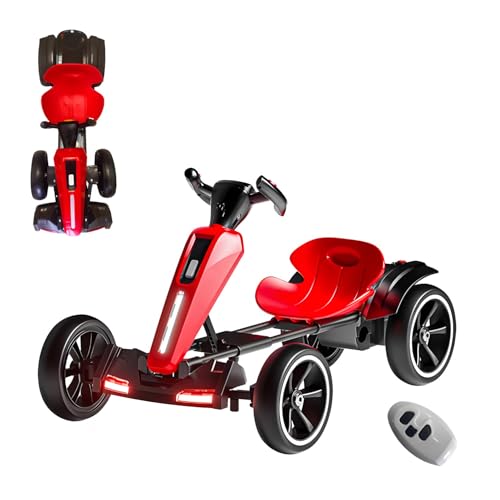 RIDEONMOP Kart eléctrico de 6 V, Karts Plegables para niños con Modos de Marcha atrás, Carrito de IDA y Vuelta de Velocidad de 5 mph, Kart de Pedales con Asiento Ajustable y música/Luces,Rojo