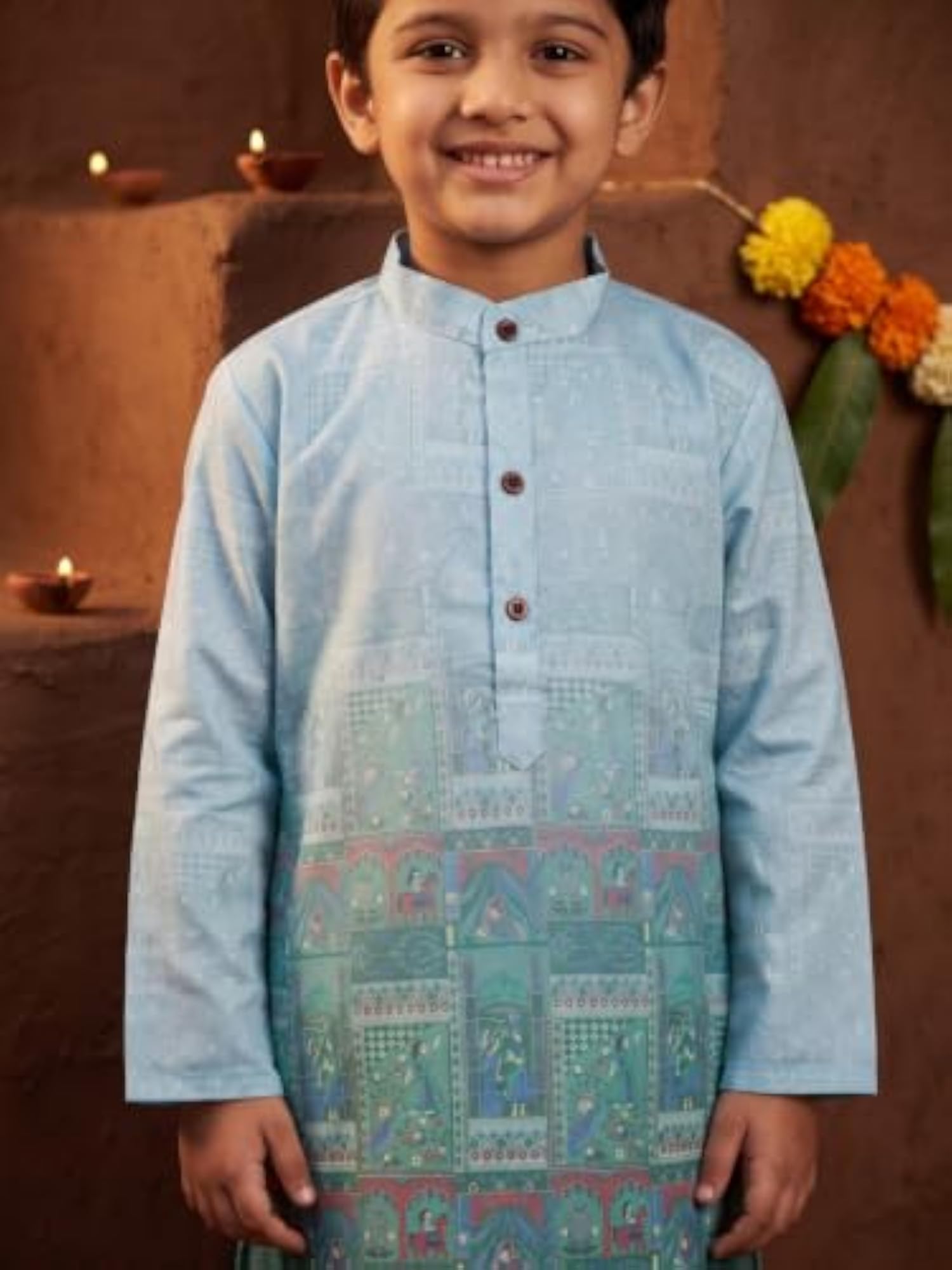 Ethnic Print Kurta Pajama Set, Stylish Cotton Blend