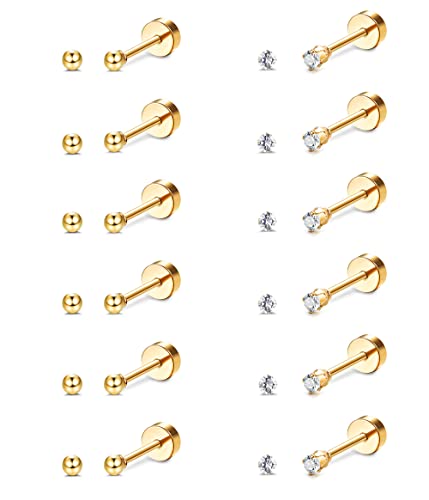 FIBO STEEL 12 Pairs 20G Cartilage Earrings Stud for Women Men Stainless Steel Tiny 2mm & 3-8mm Studs CZ Round Ball Flatback Earring Set