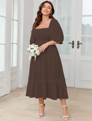 Image of SCOMCHIC Women's Plus Size Boho Maxi Dress Short Sleeve Square Neck Smocked Flowy A-Line Lace Trim Wedding Guest Dresses