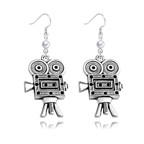 Dreuyet Movie Camera Pearl Earrings for Women Personalized Classic Retro Silver Cinema Projector Dangle Drop Statement Earrings Film Director 80S Jewelry Gifts (Movie Camera)