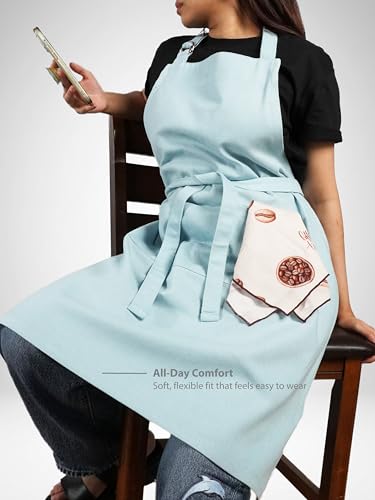 Image of Kitchen Apron - 100% Cotton, Adjustable Neck strap, Large Pocket - Unisex Apron for Men & Women - Cooking, Baking, BBQ, Gardening - Solid Colours, Striped and Checkered Patterns