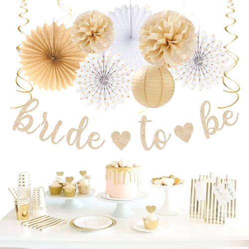 Image of White Champagne Gold Boho Bachelorette Party-Decorations - 21pcs Women Bridal Shower Banner Garland,Bride To Be Paper Streamers Lanterns,Flower Tissue Pom Poms Fan Favors Wedding Decor Huglony